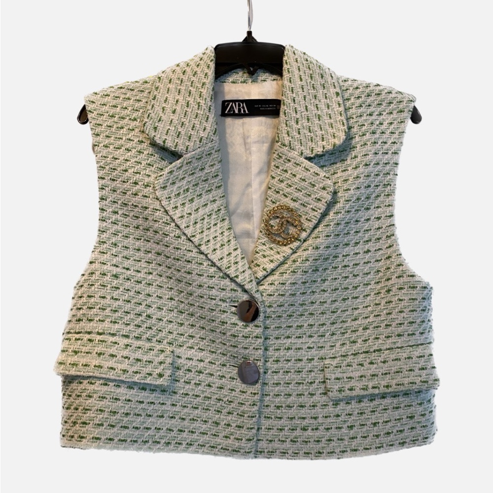 Zara Green & White Tweed Cropped Vest